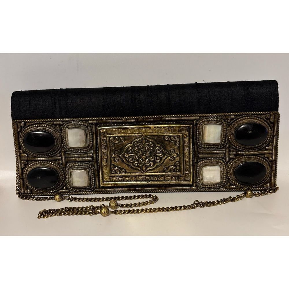 Vintage Meera Mahadevia Dupioni Silk Onyx/Mother of Pearls Handmade Shoulder Bag